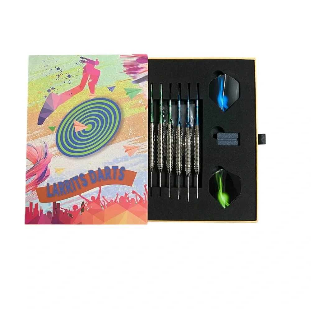 LARRITS Steel Tip Darts Set 6 Pack Aluminum Shafts Flights Case 22/23g Open Box